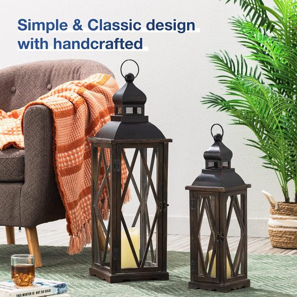 Glitzhome 2 Pack Farmhouse Wood/Metal Decorative Candle Lanterns Vintage Hanging Lantern for Patio - Tabletop, Black (No Glass) - Image 2