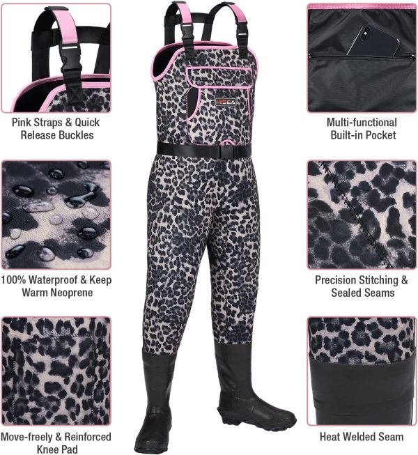 HISEA Womens Chest Waders, 4.5mm Neoprene Leopard Hunting Wader for Women with 400G Insulated Boots, Waterproof Fishing Wader - Image 2